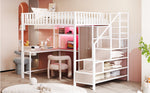 Metal Loft Bed 140 x 200 cm with Desk, Wardrobe, Storage Ladder and LED, White Metal Frame