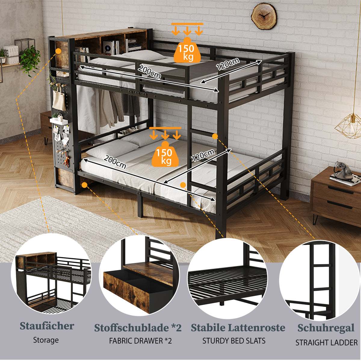 Bunk Bed 120x200 cm with Multifunctional Storage System, Black Metal