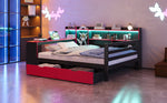 Wooden Sofa Bed with Desk, Bookshelf, Storage and LED, 140x200cm, Black and Red Wood