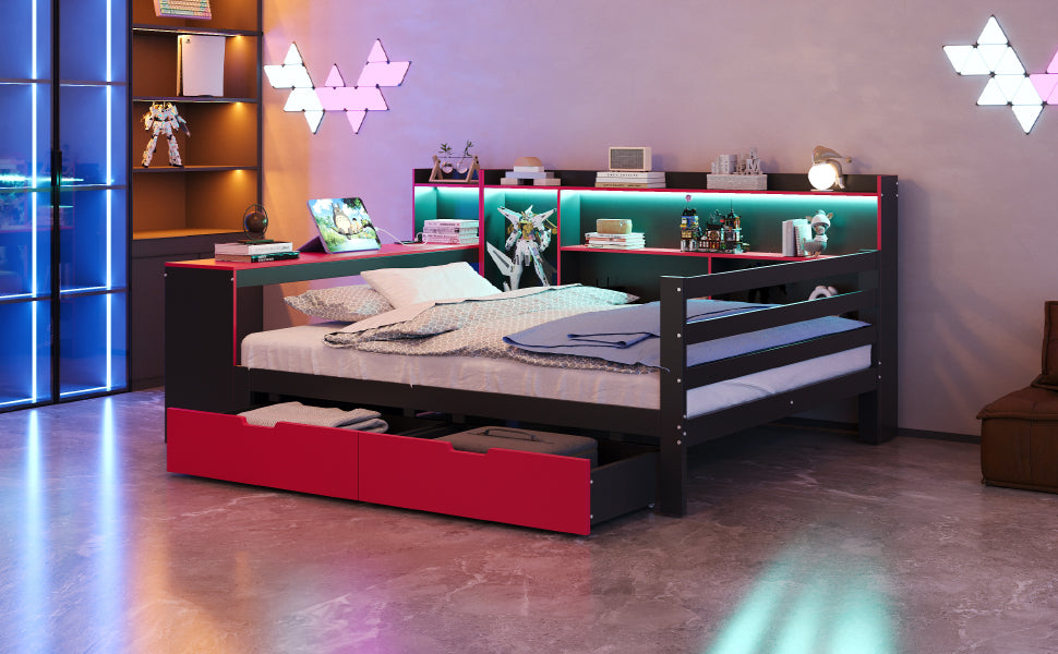 Wooden Sofa Bed with Desk, Bookshelf, Storage and LED, 140x200cm, Black and Red Wood
