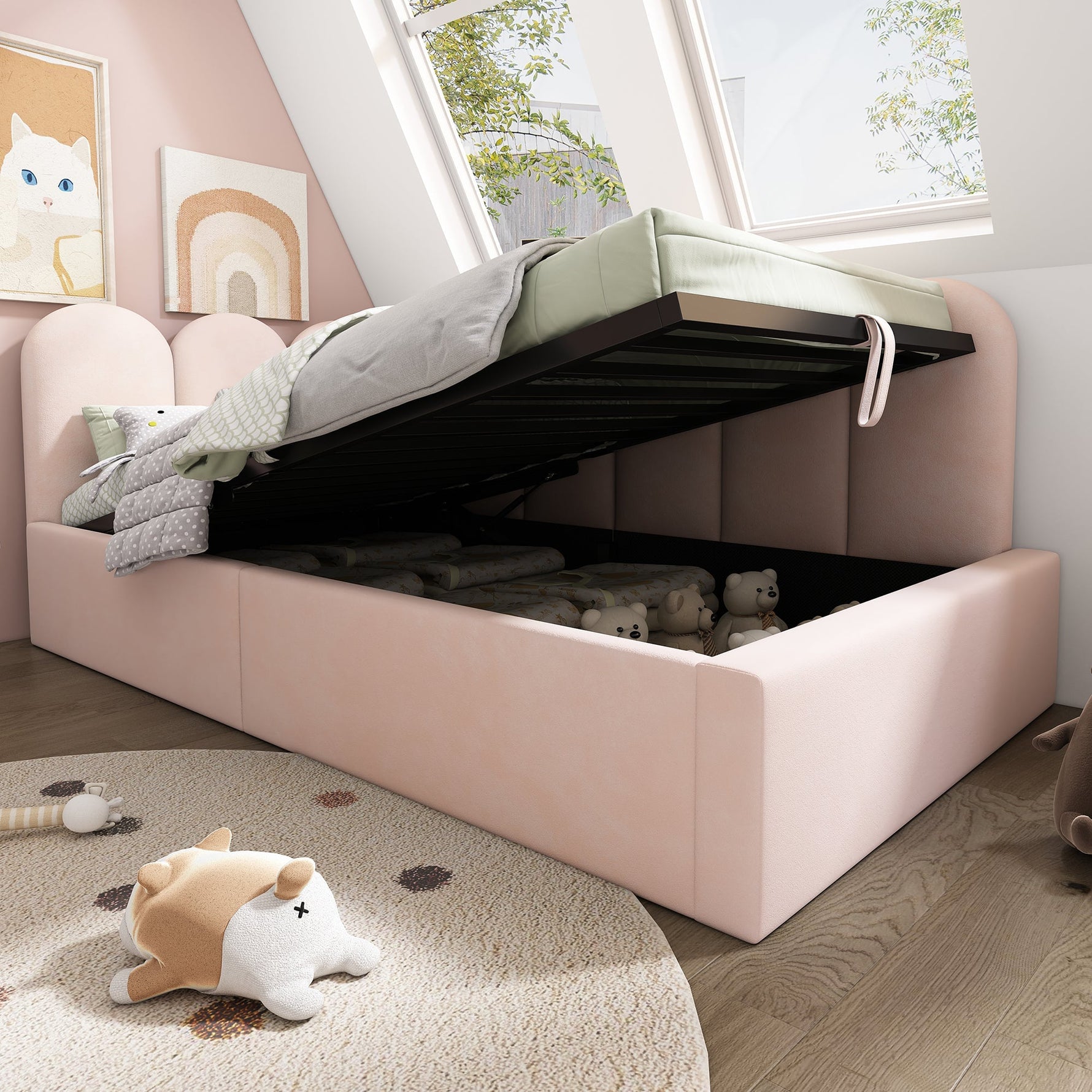 Upholstered Daybed Sofa Bed 90x190cm Hydraulic Storage Metal Slatted Base Velvet Pink