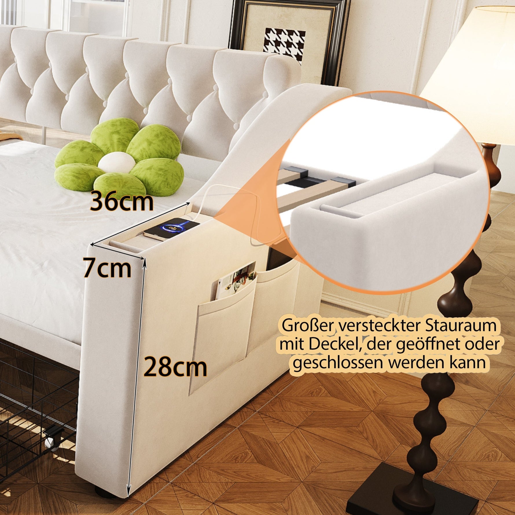 Upholstered Sofa Bed with USB Port, Storage Armrests and Drawer, Beige Velvet