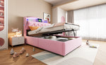Children's Upholstered Bed, Multifunctional with Storage, LED, USB, Velvet Pink