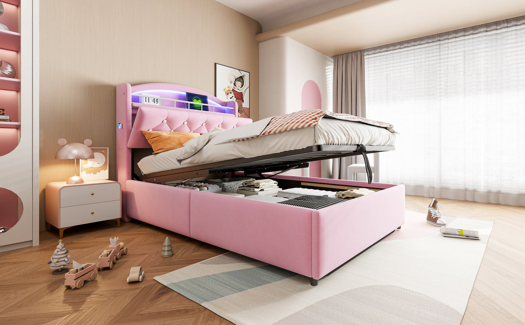 Children's Upholstered Bed, Multifunctional with Storage, LED, USB, Velvet Pink