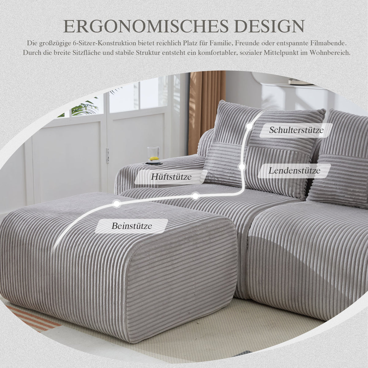 Modular Corduroy Sofa 3-Seater 2 Ottomans Cup Holders Storage Light Grey