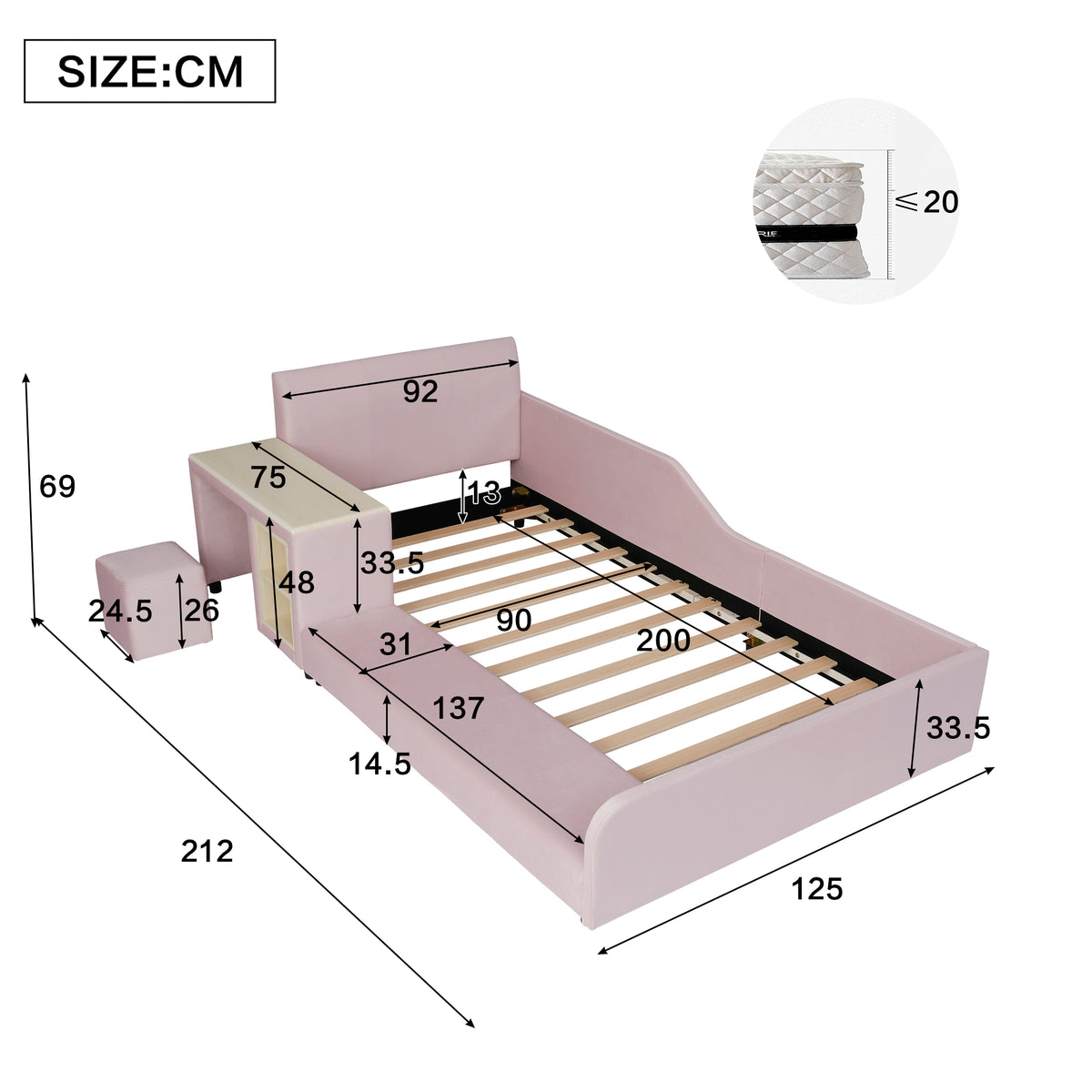 Upholstered Kids Bed Set with Desk & Stool, 90x200cm - Pink Velvet