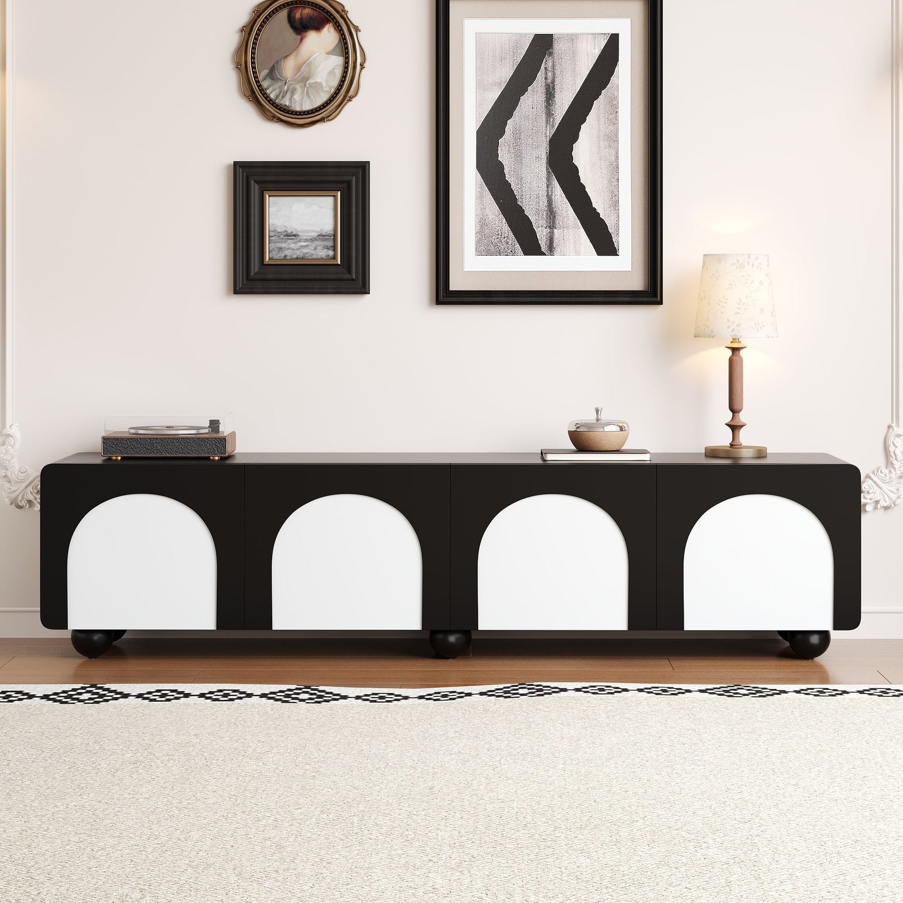 TV Cabinet Low 180cm 2 Drawers 2 Doors Black and White
