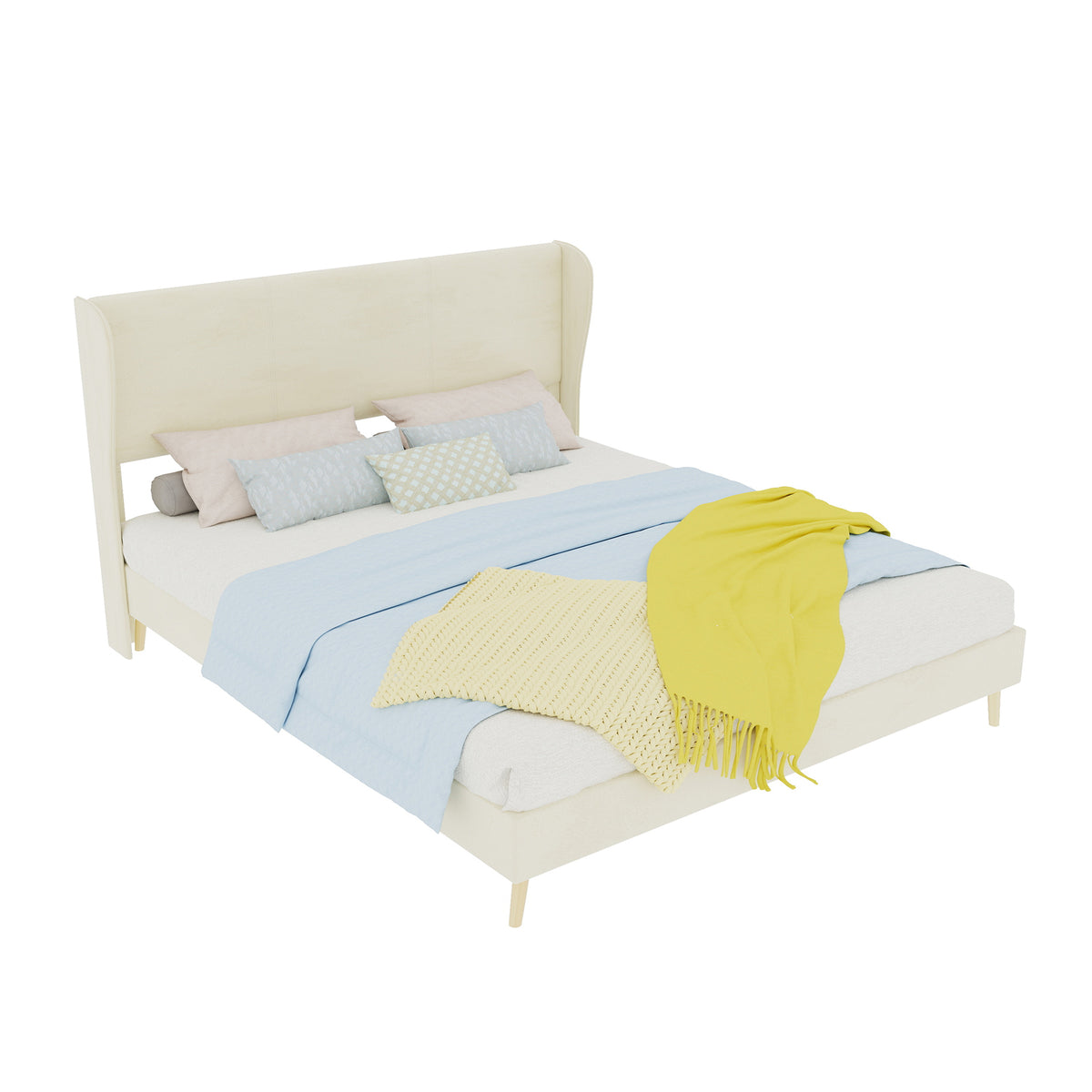 Upholstered Bed with Soft Headboard & Mattress, 160x200cm, Beige