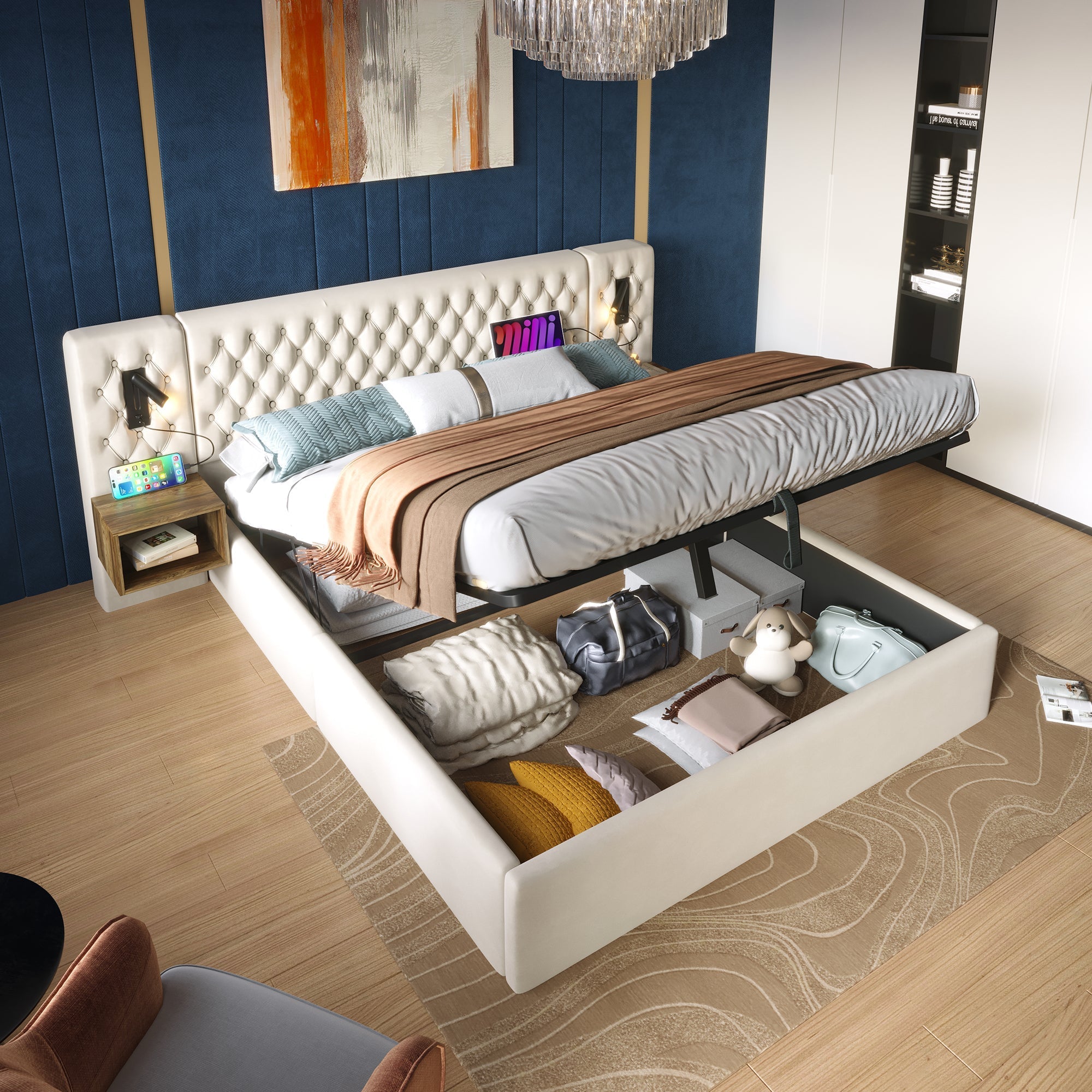 Bedroom Complete Set, Upholstered Hydraulic Storage Double Bed with 2 Bedside Tables & USB Reading Light, Beige Velvet