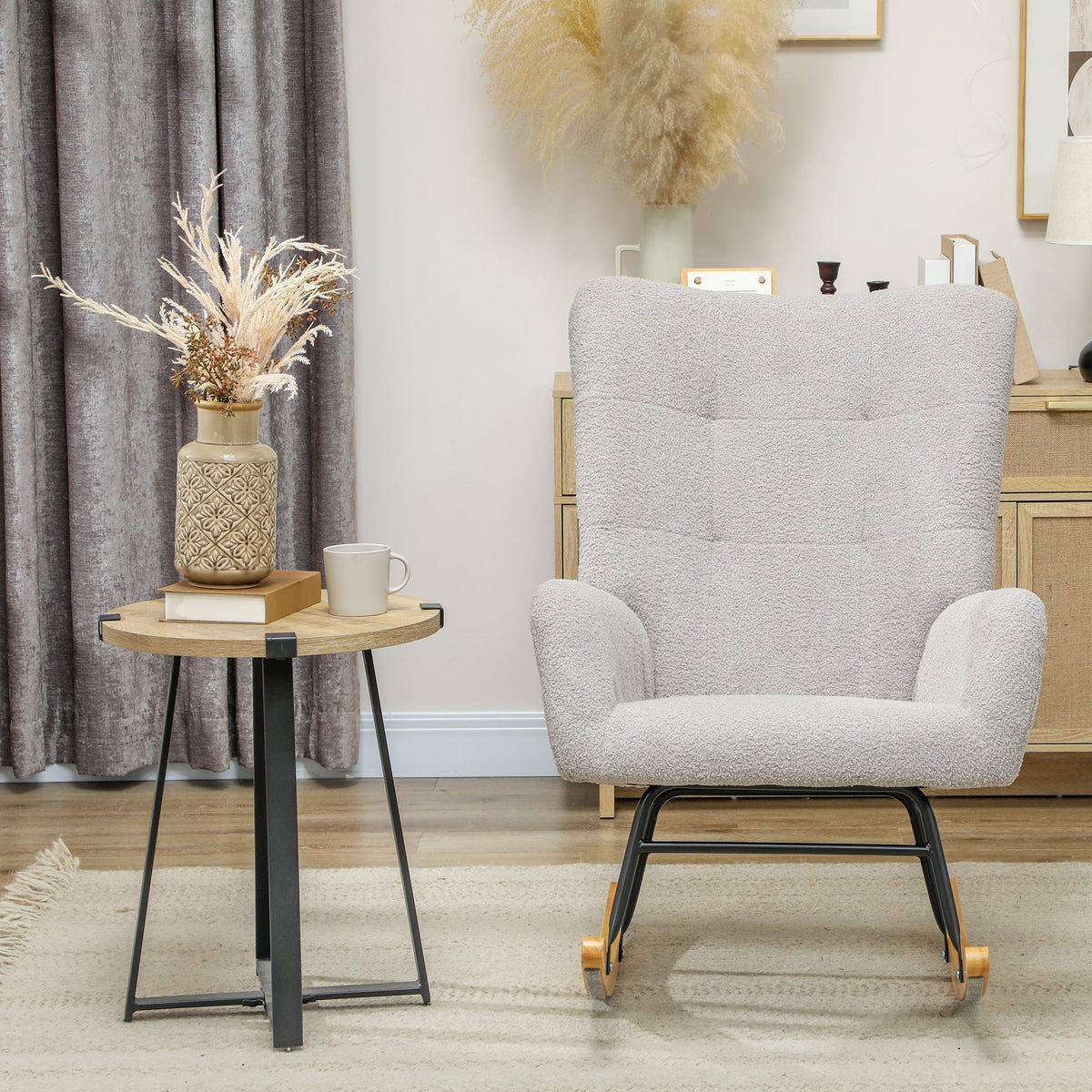 Rocking Chair, Armrests, Wooden Base, Teddy Velvet, Light Gray