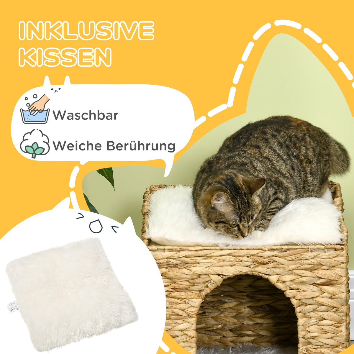 Rattan Cat Cave 2-Level Cushion, Water Hyacinth Brown
