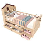 Mid-Height House Bed 90x200cm with Drawers & LED, Natural Wood