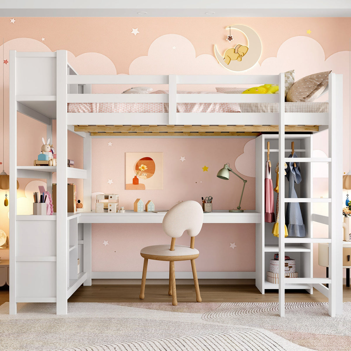 Loft Bed 140x200cm, Shelves, Desk, Wardrobe, White