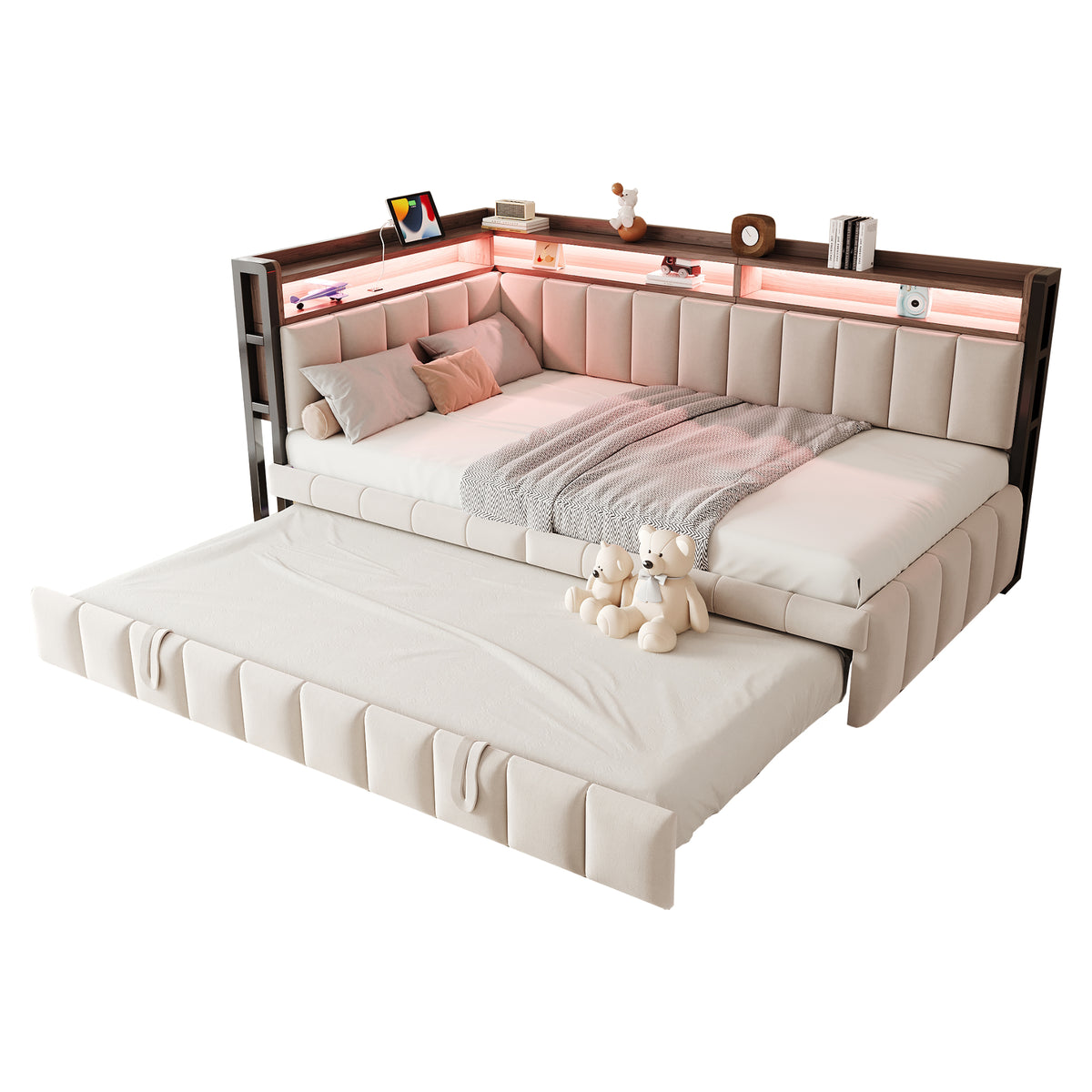Upholstered Sofa Bed 90x200cm with Pull-Out Bed & LED, Beige Velvet