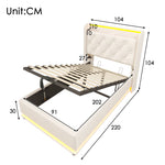 Upholstered Single Bed, 360° LED, Hydraulic Storage, USB-C Charging, White PU