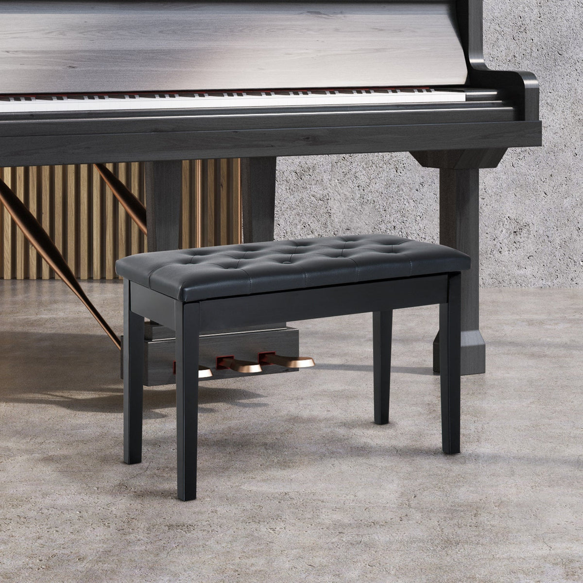 Piano Stool Bench with Storage, Rubber Wood Black Faux Leather
