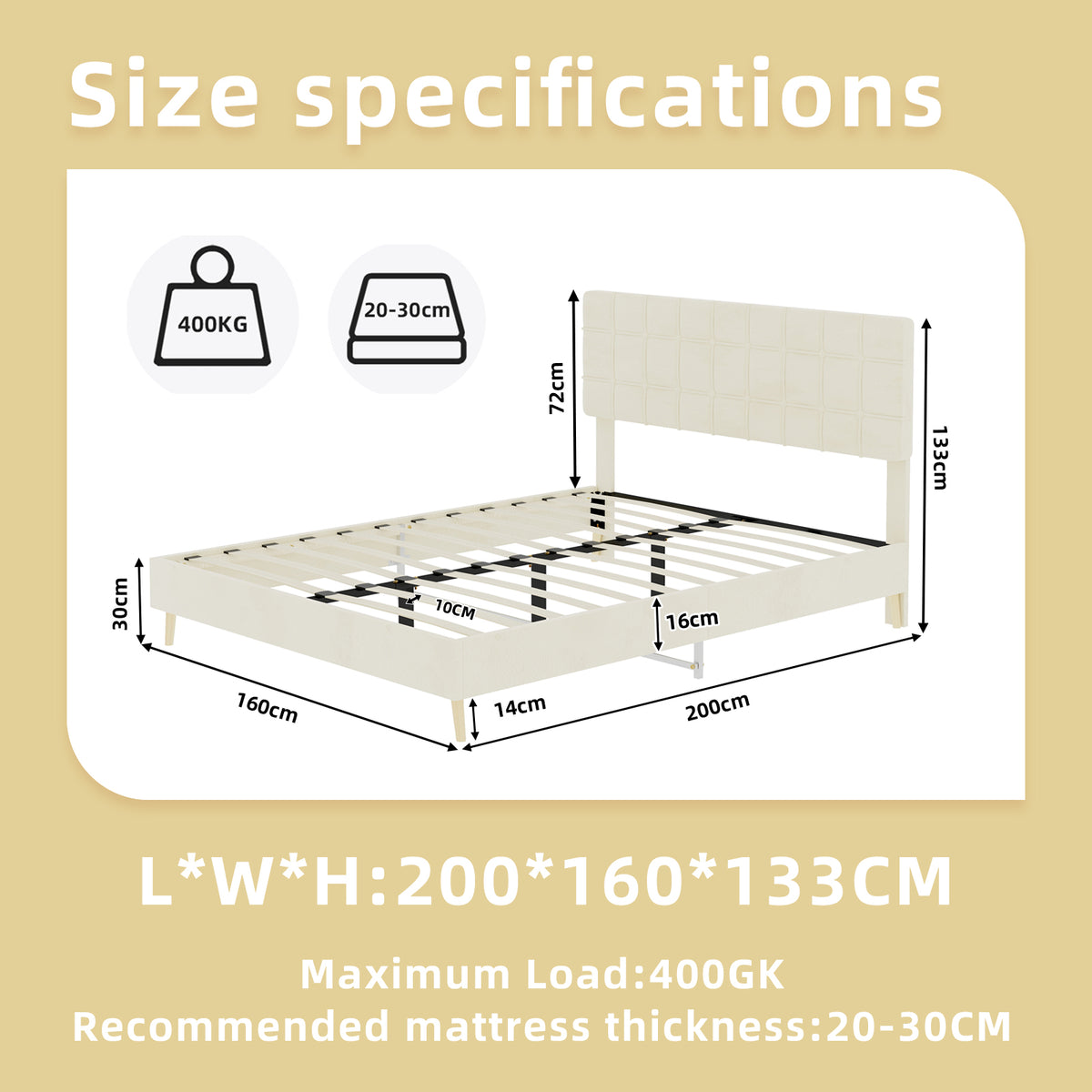 Modern Double Bed with Plaid Headboard, 160x200cm, Beige Fabric