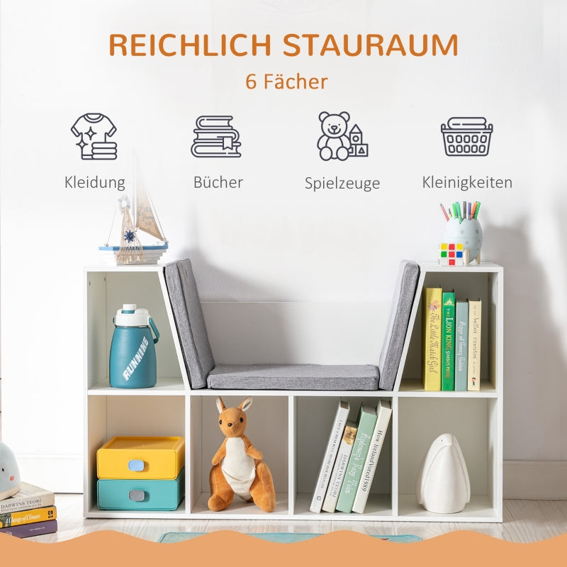 Children's Shelf Bookcase, 6 Compartments, Toy Box, White+Gray