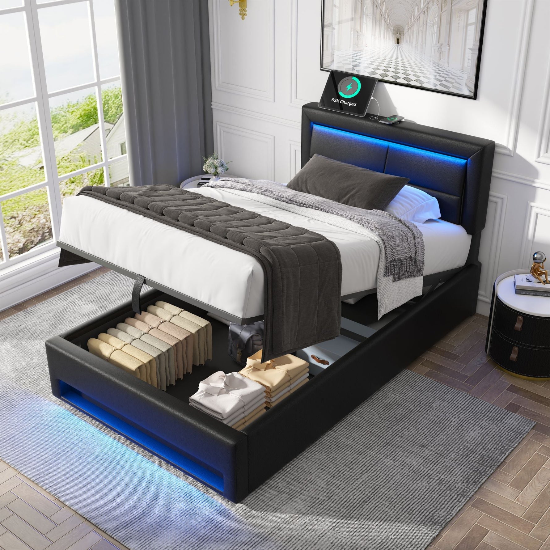 Upholstered Bed 90x200cm USB Charging LED Storage - Black PU Lychee