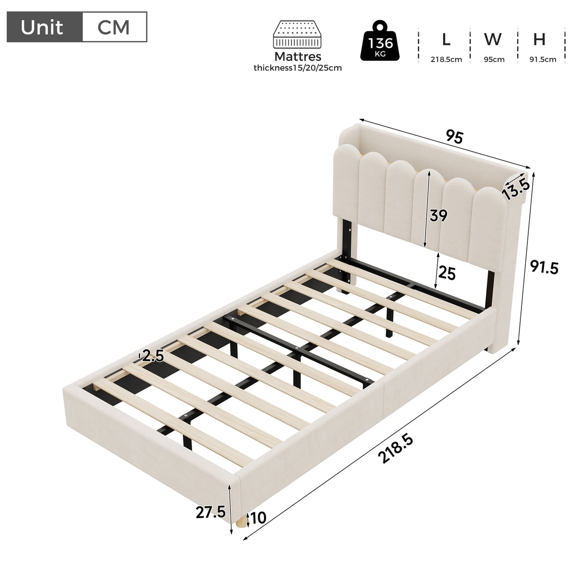 Upholstered Single Bed 90x200cm with USB & Lamp, Beige Velvet