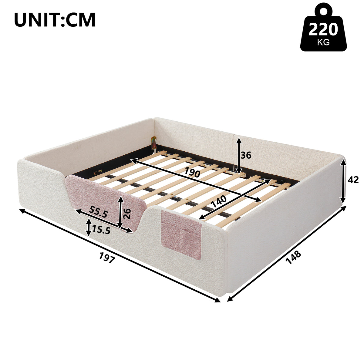 Upholstered Bed 140x190cm with Safety Rails & Storage, Beige Velvet