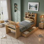 Children's Single Bed 90x200cm with Drawer & Table, Natural Wood