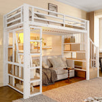 Loft Bed with Storage Steps, LED Lights and Iron Frame, 90 x 200 cm, White