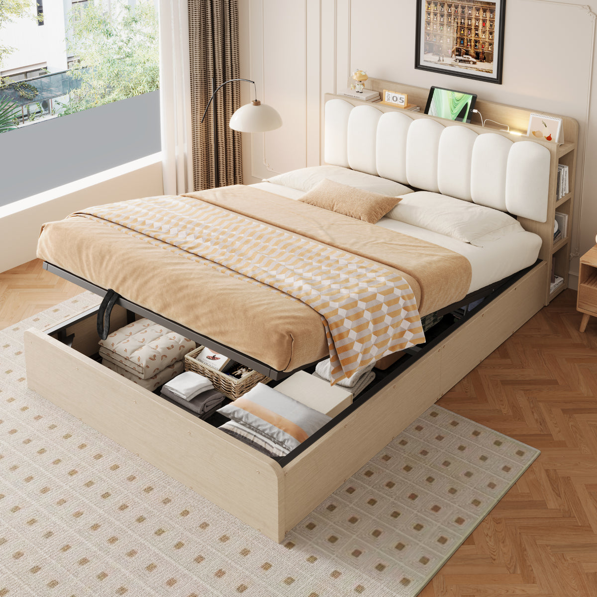 Wooden Flatbed 140x200 with Hydraulic Storage & USB, Wood Color