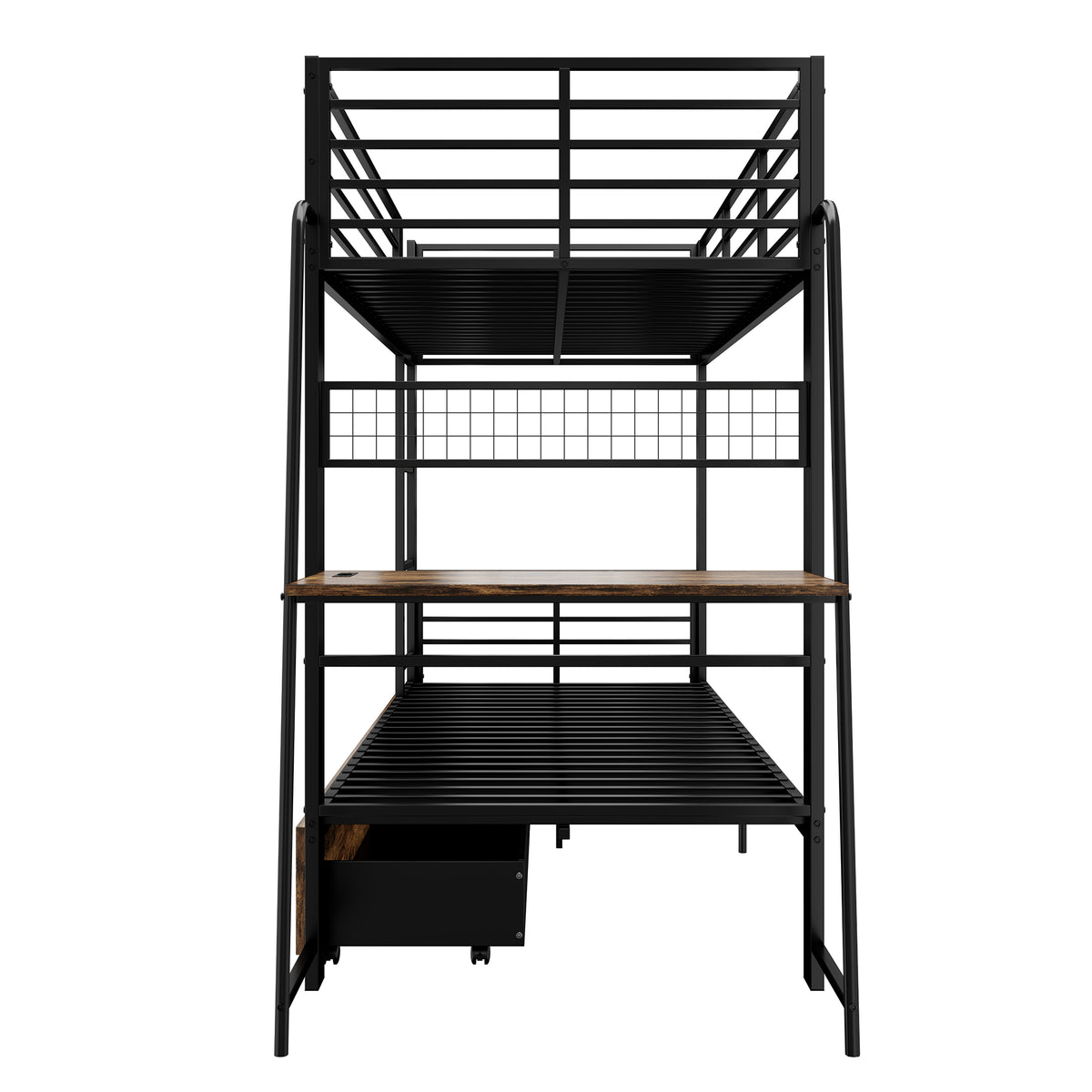 Bunk Bed 90x200cm with Desk, LED & Storage Drawers, Metal