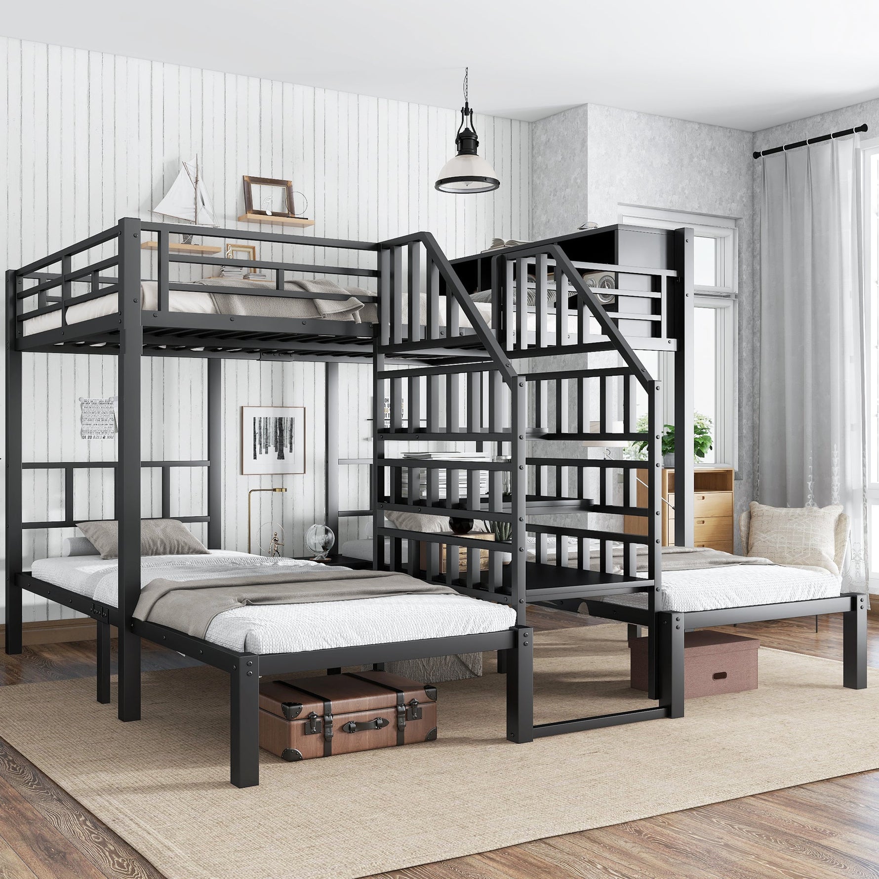 Iron Bunk Bed 3-Sleeper with Storage Stairs 90x200/140x200cm, Black