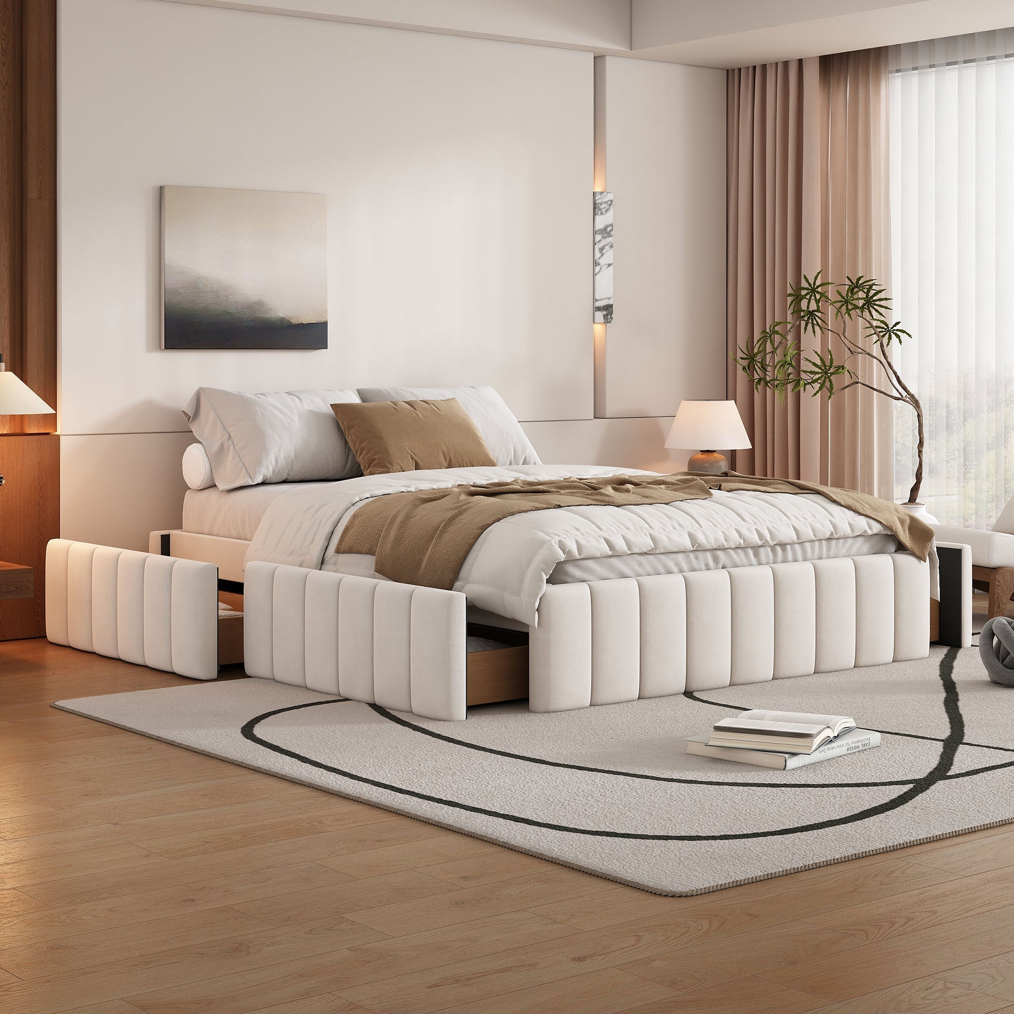 Upholstered Bed 140x200cm with Slatted Base and 4 Storage Drawers, Beige Velvet