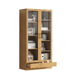 Glass Display Cabinet, Offset Shelves Push-To-Open Drawers, Wood Color