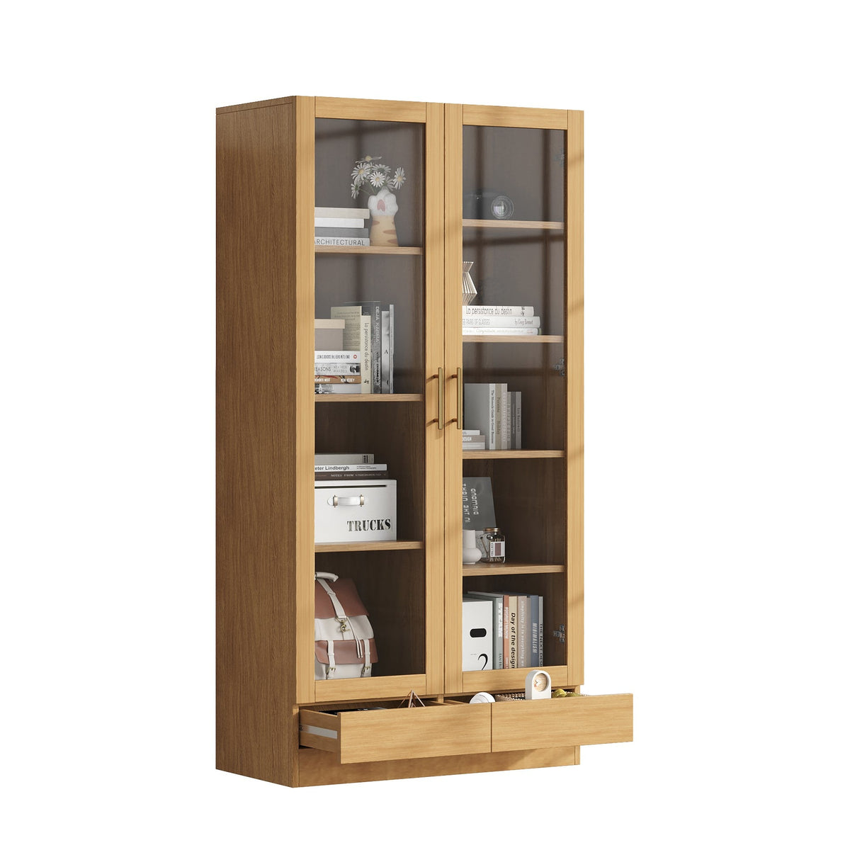 Glass Display Cabinet, Offset Shelves Push-To-Open Drawers, Wood Color