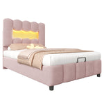 Upholstered Bed 90x200cm Hydraulic LED Adjustable Headboard, Velvet Pink