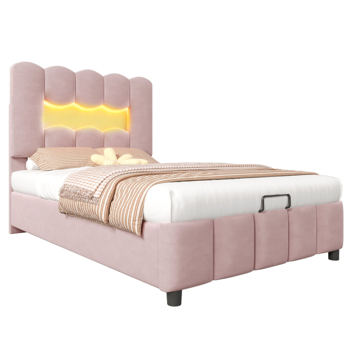 Upholstered Bed 90x200cm Hydraulic LED Adjustable Headboard, Velvet Pink