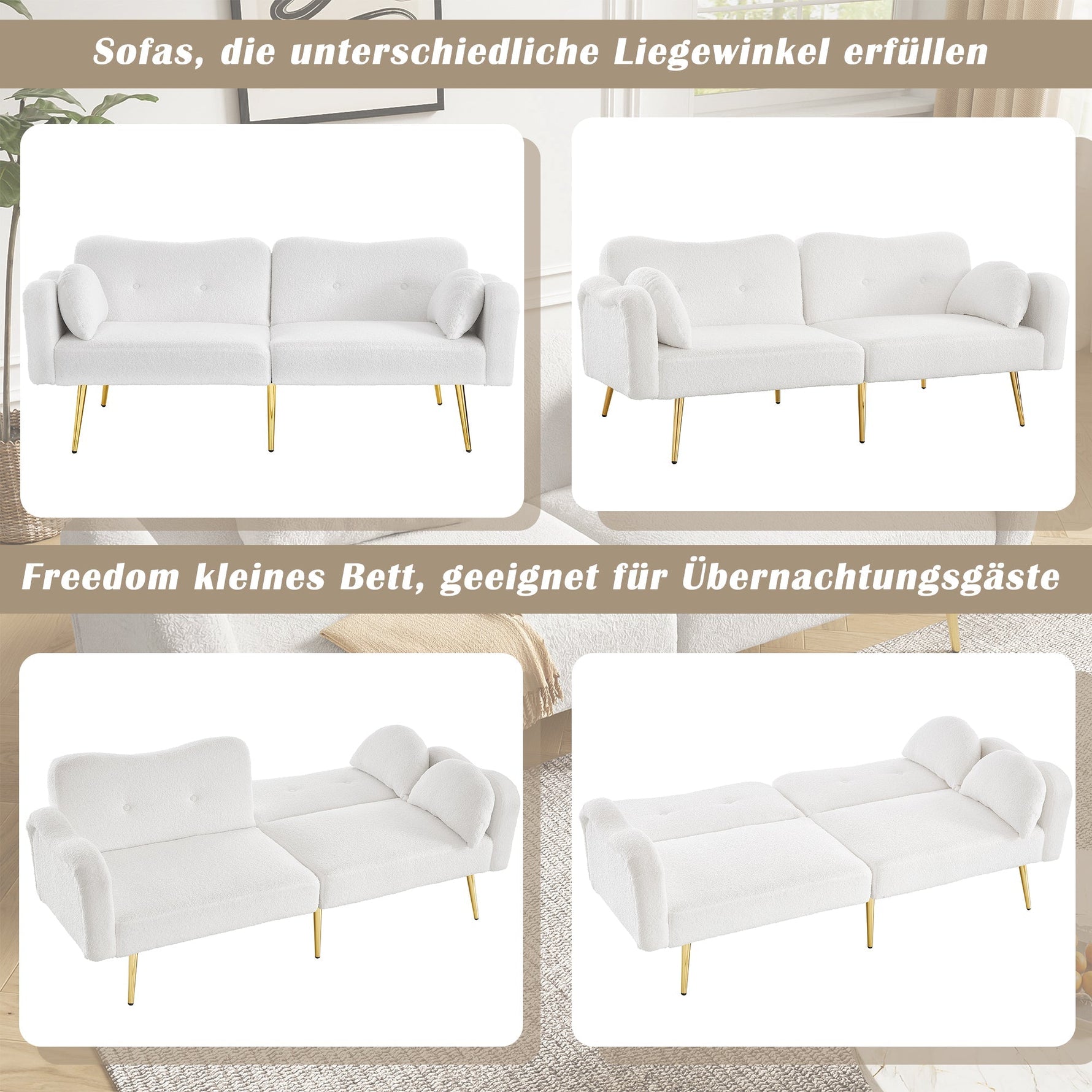 Two-Seater Sofa Bed Adjustable Backrest Gold Metal Feet