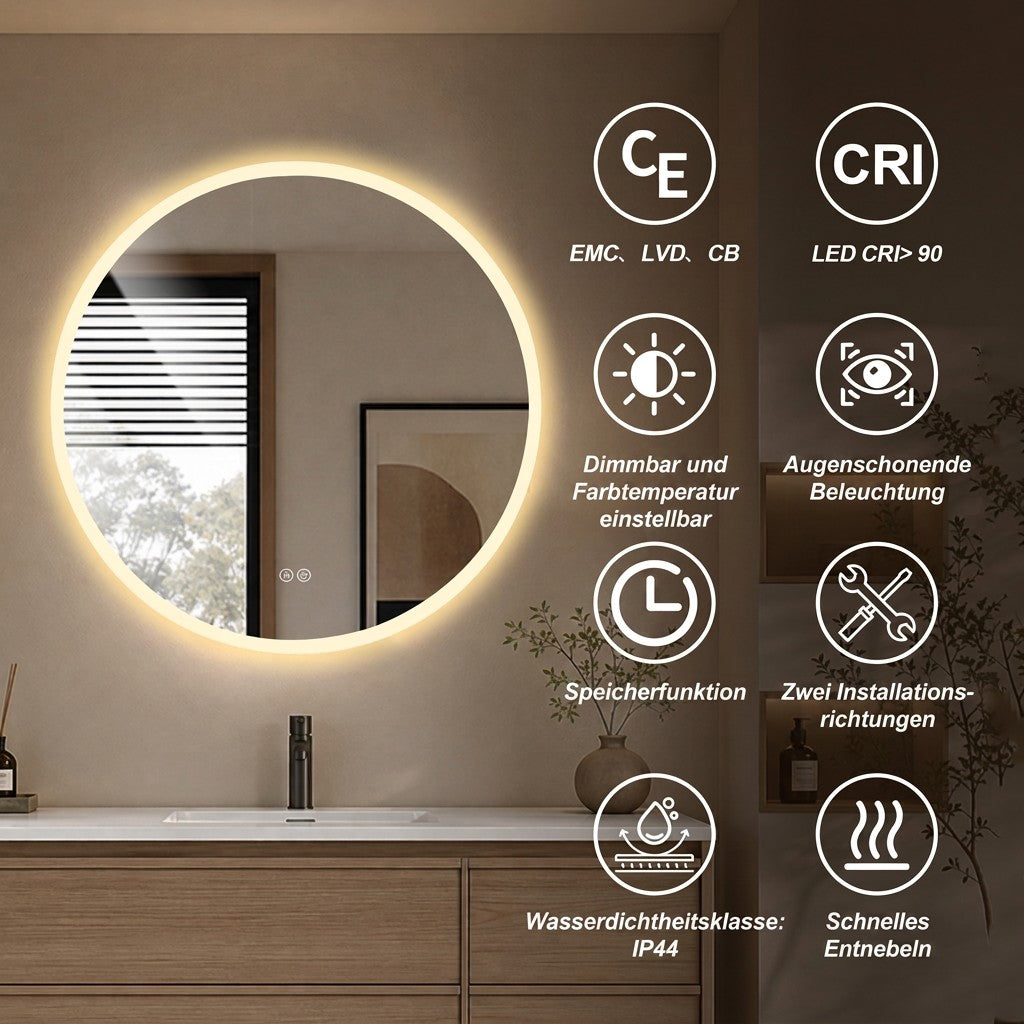 Round LED Bathroom Mirror 80 cm - Anti-Fog Dimmable HD Silver Glass