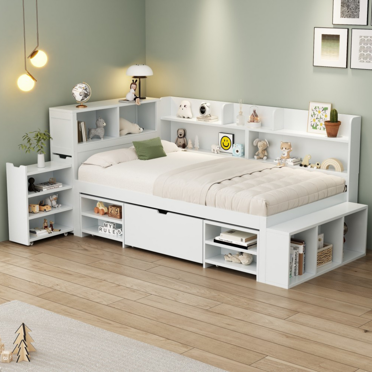 Children's Bed 90x200cm with Drawers & Bookshelf, White