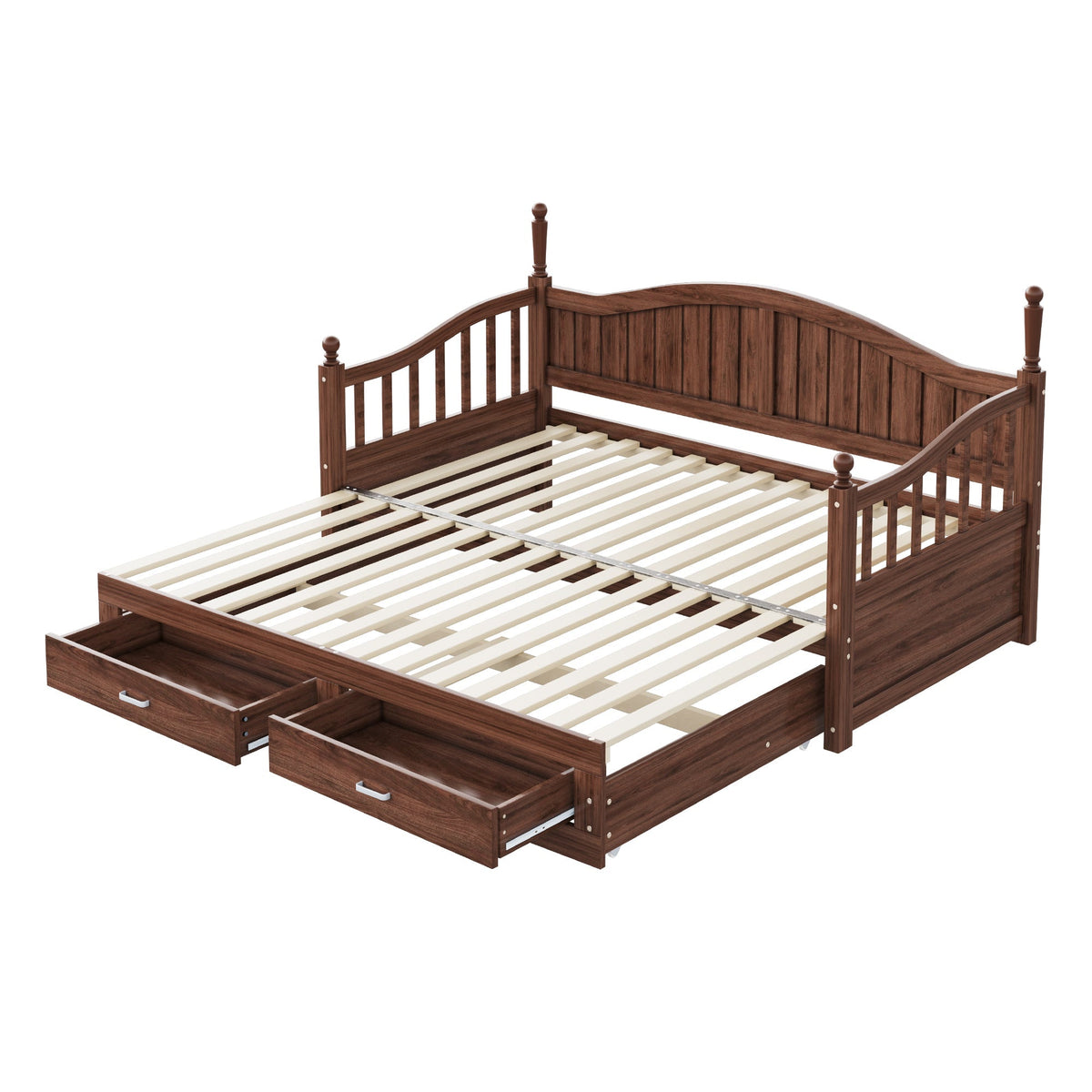 Sofa Bed, Pull-Out 90/180*190cm with Drawers & Slatted Frame, Solid Pinewood Walnut
