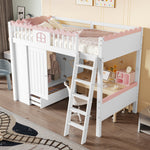 Bunk Bed with LED Lights, Wardrobe & Drawer, White Pine Wood