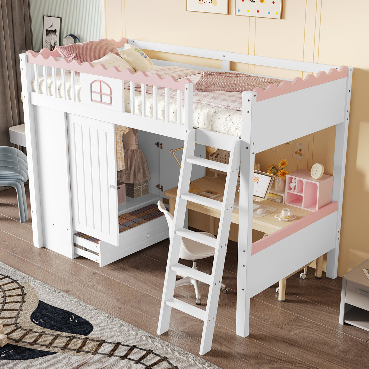 Bunk Bed with LED Lights, Wardrobe & Drawer, White Pine Wood
