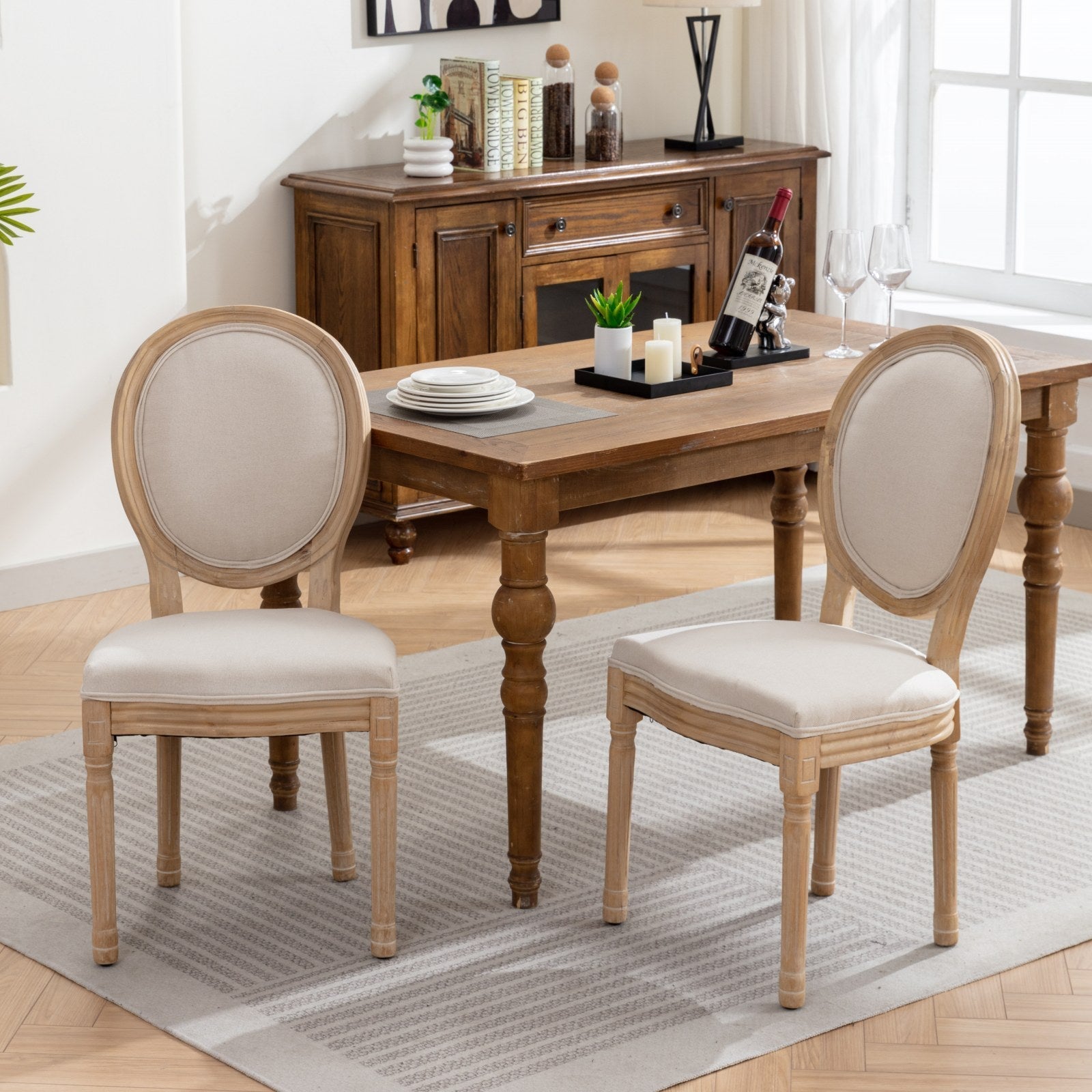 French Style Dining Chair Set of 2 Solid Wood Antique Finish Linen Back - Beige