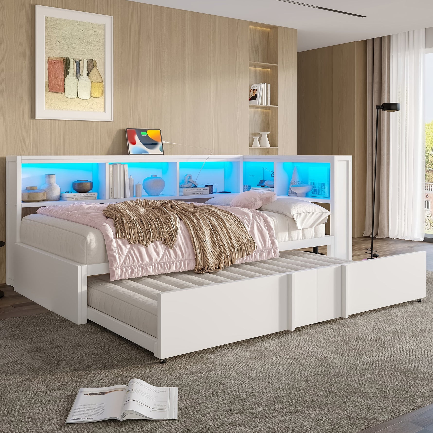 Metal Daybed 90x200cm Pull-out Bed Storage Cabinets LED USB White