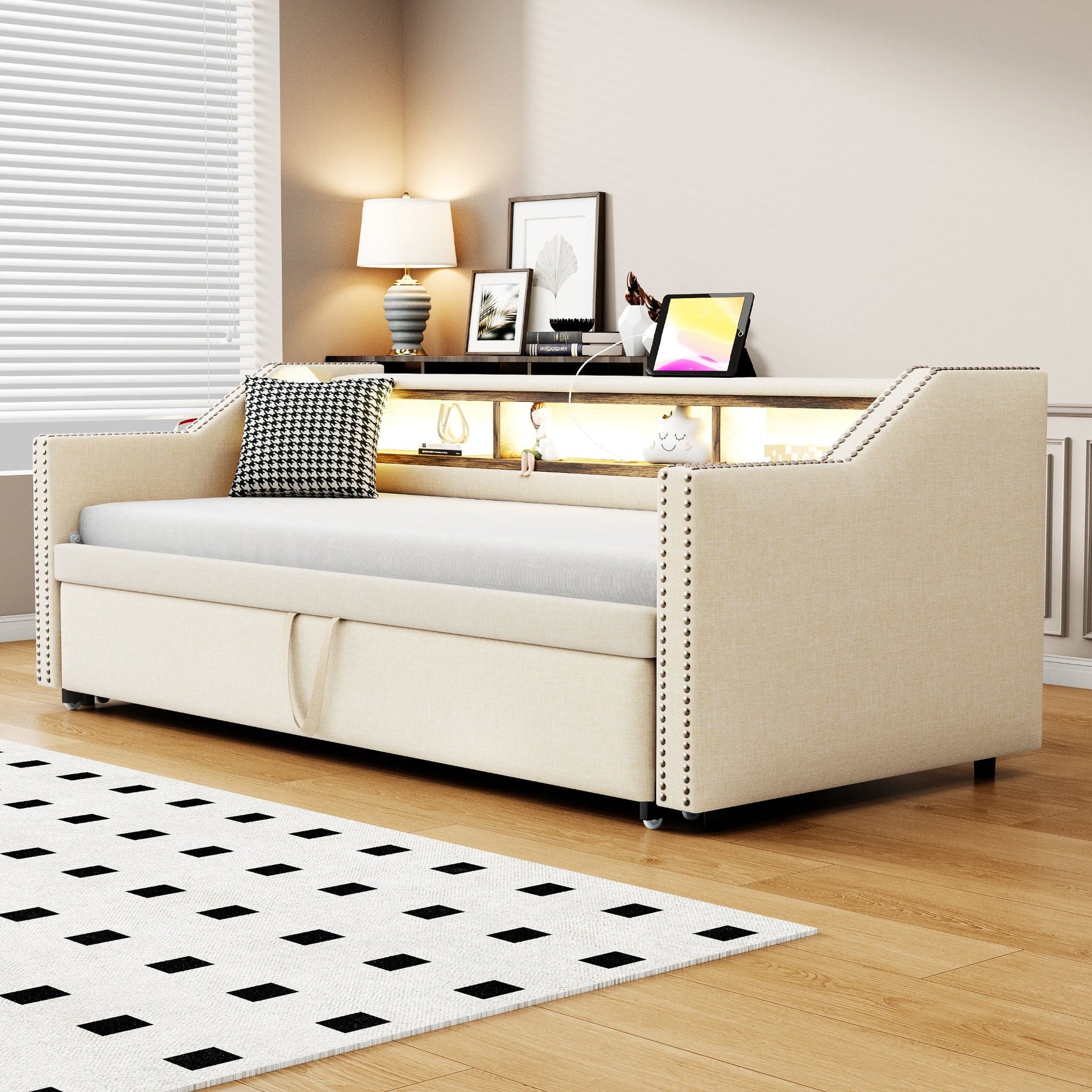 Upholstered Extendable Sofa Bed 90/180x190cm Storage LED USB - Beige