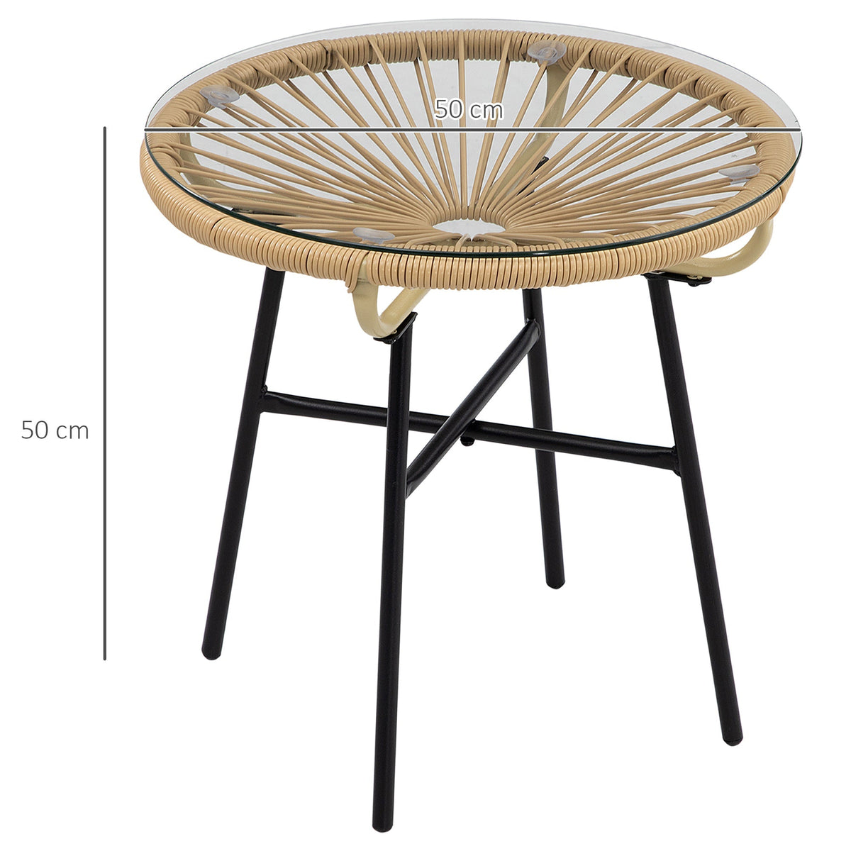 Bistro Table, Round Garden Side Table 50cm, Rattan Black+Beige