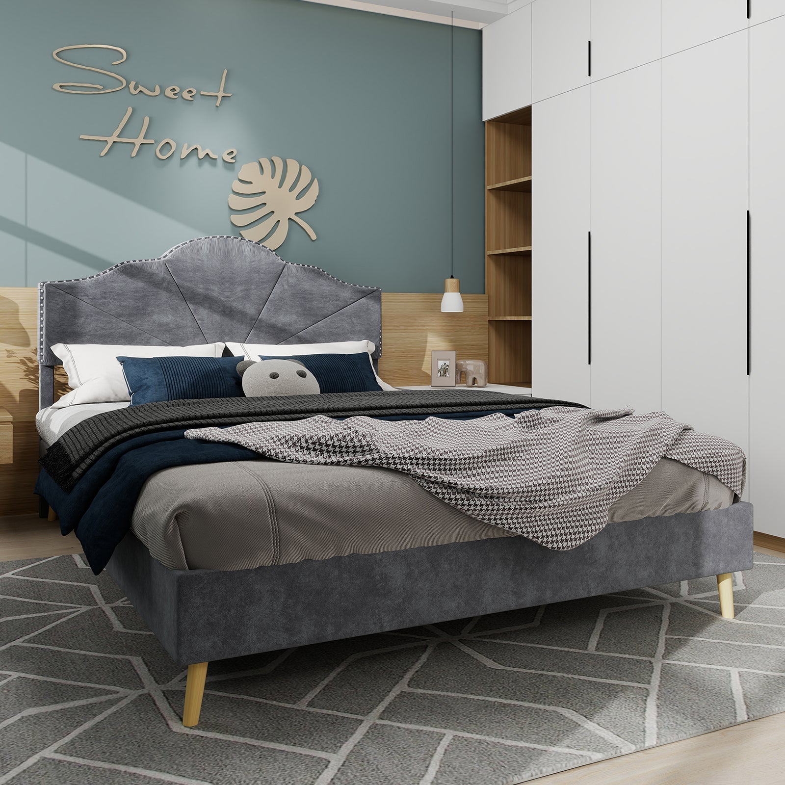 Modern Minimalist Soft Bed, Comfortable Headboard, 160x200cm, Gray