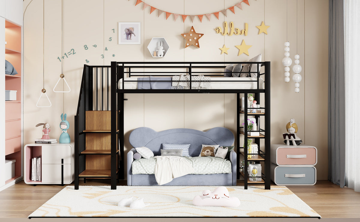 Loft Bed, 90x200 with Safety Stairs & Storage Wardrobe, Black