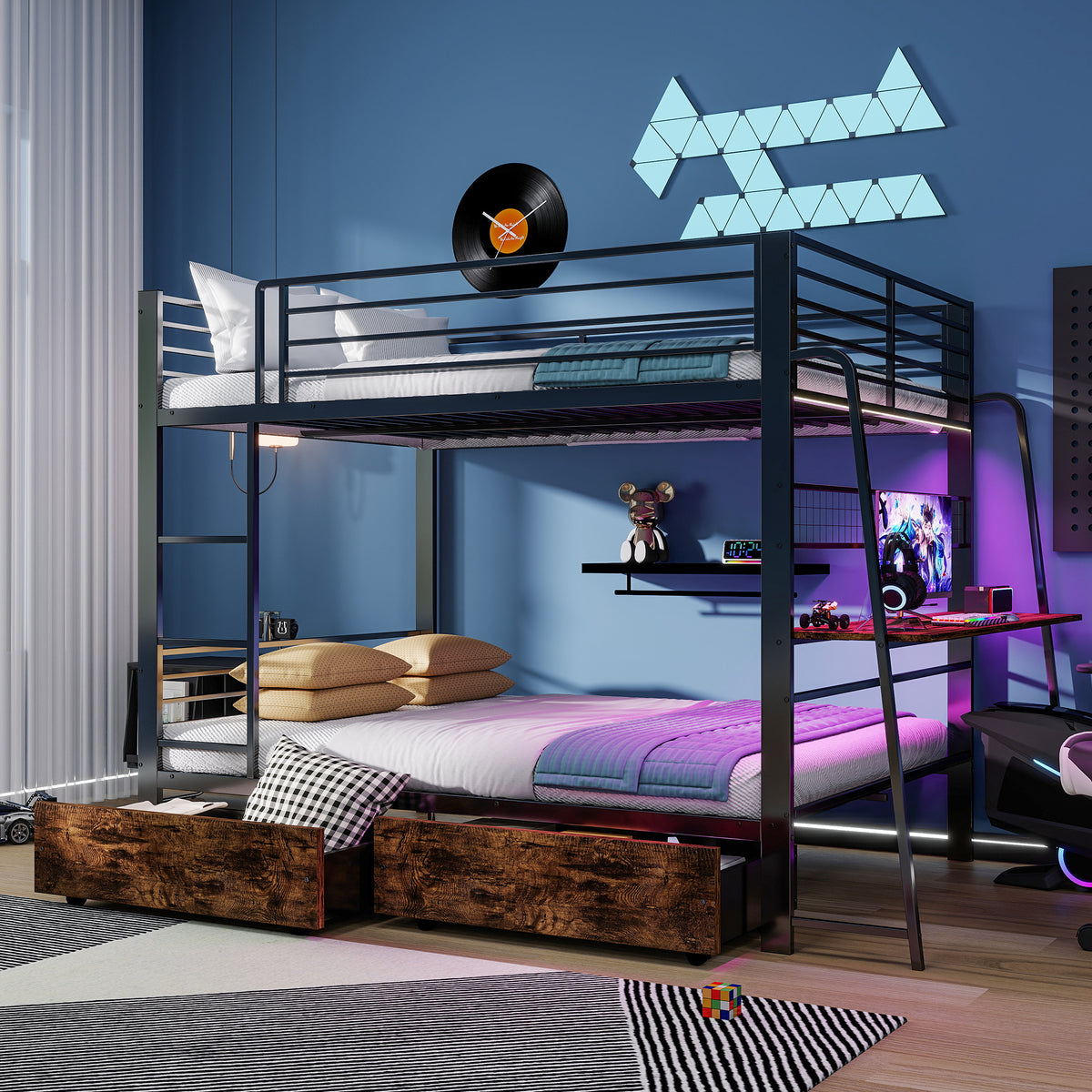 Kids House Loft Bed 90x200cm with Slide & LED, Pink Metal
