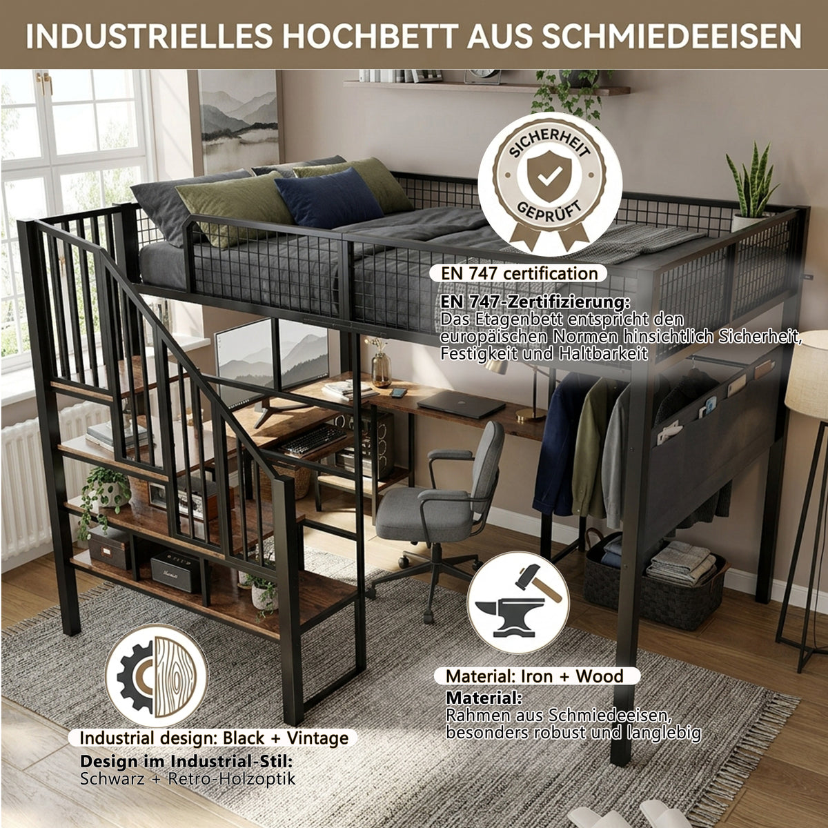 Loft Bed 140x200 cm with Corner Desk & Stairs, Black Metal