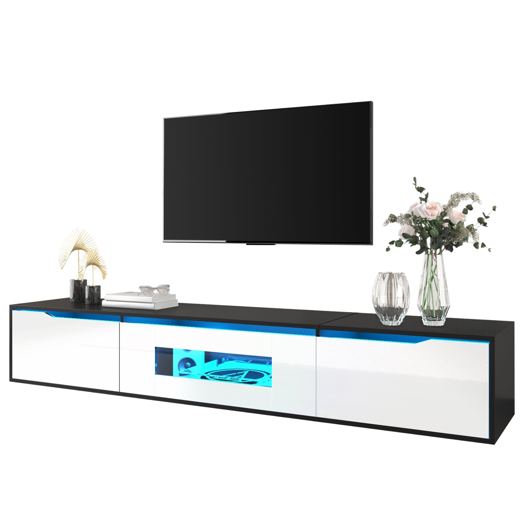 TV Cabinet High-Gloss 180cm Wall-Mounted LED USB - Black/White